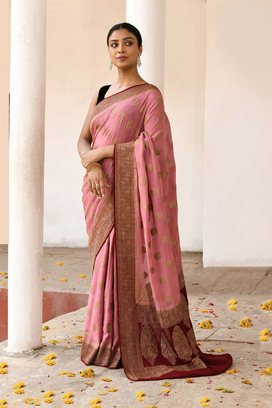 Joban Fashion Nude Pink Crepe Chiffon Pure Handloom Banarasi Silk Saree | Swadesiicart