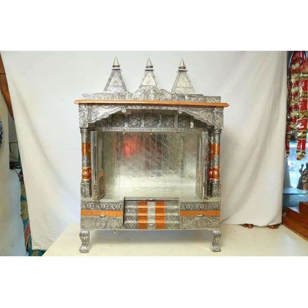 Silver Coated 4 Door with 3 Monument Towers Silver Pooja Mandir / Silver Pooja Mandiram - Swadesiicart