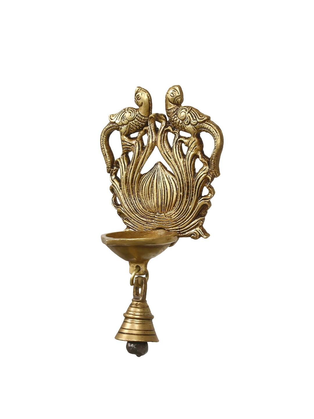eCraftIndia Gold-Toned Handcrafted Antique Finish Diya with Bells Decorative Wall Hanging Showpiece | Swadesiicart