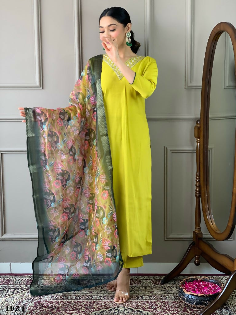 Partywear Designer Lemon Yellow Viscos Chanderi Stitched Suit With Dupatta - Tanisha | Swadesiicart