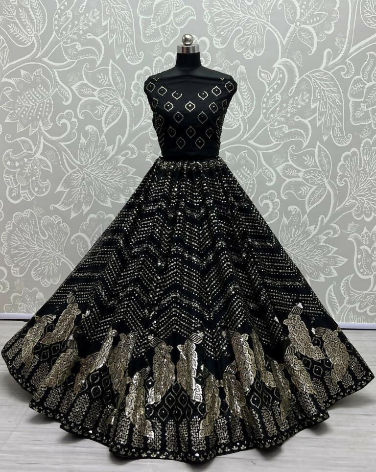 Jyoti Fashion Women's Black Bridal Net Fancy Foil & Sequins with Multi Thread Embroidered Wedding Lehenga Choli | Swadesiicart