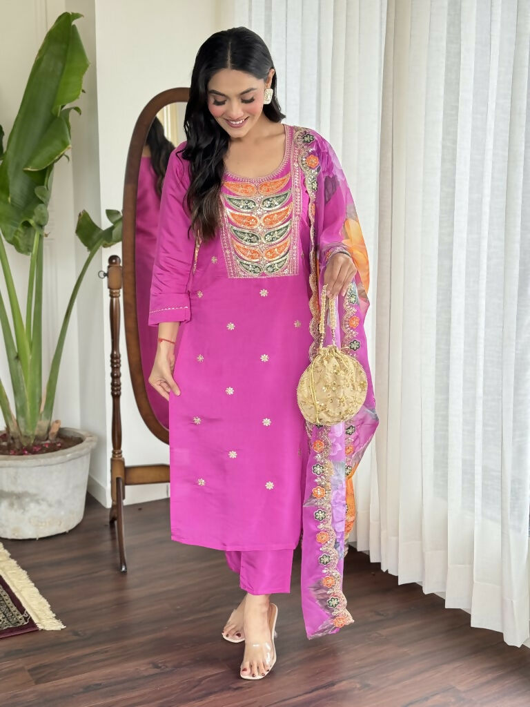 Light purple Viscose Chanderi Stitched Suit With Dupatta - Tanisha | Swadesiicart