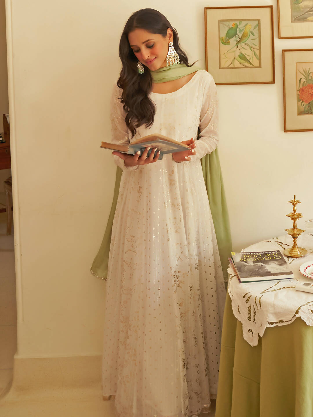Janasya Women's White Chiffon Lurex Foil Printed Festive Anarkali Kurta Set | Swadesiicart