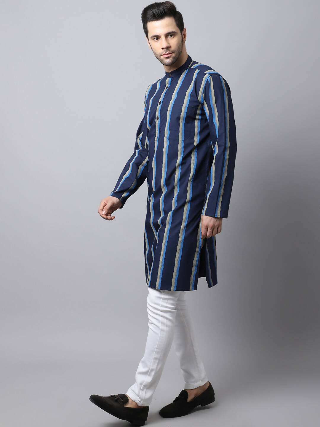Even Apparels Navy Pure Cotton Men's Kurta With Band Collar (STR1169) | Swadesiicart