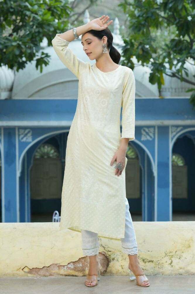 Juniper Light Yellow Ethnic Motif Printed Rayon Kurta With Lace Work - Swadesiicart