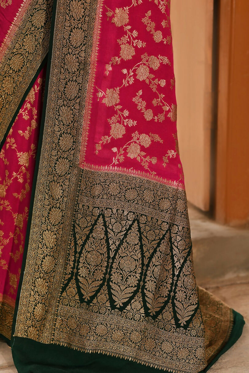 Joban Fashion Hot Pink Crepe Chiffon Pure Handloom Banarasi Silk Saree | Swadesiicart