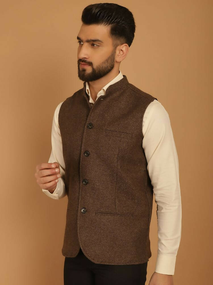 Even Apparels Pure Wool Nehru Jacket - Brown | Swadesiicart