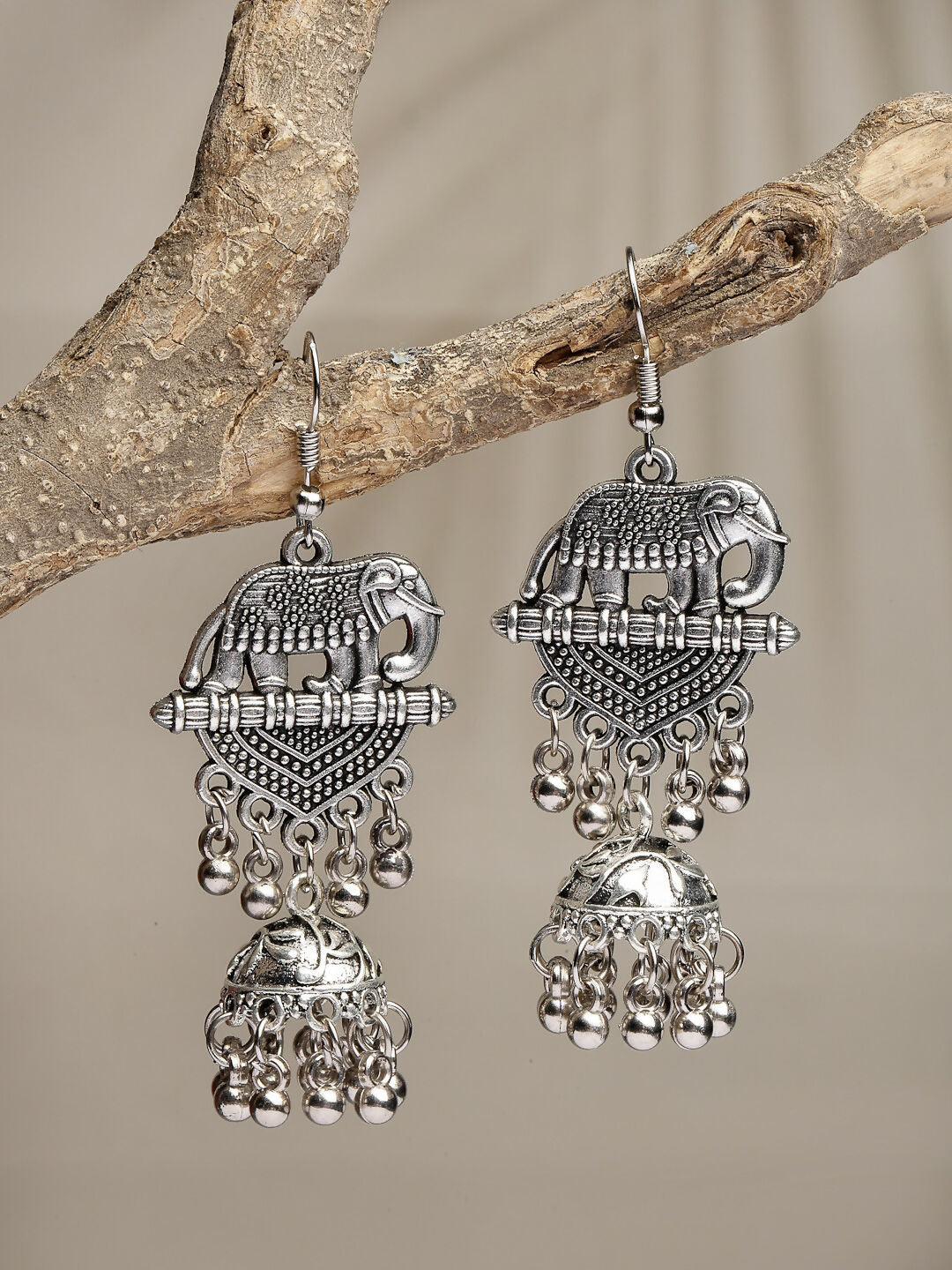 NVR Women's Silver-Toned Elephant Design German Silver Oxidised Dome Shaped Jhumka Earrings | Swadesiicart