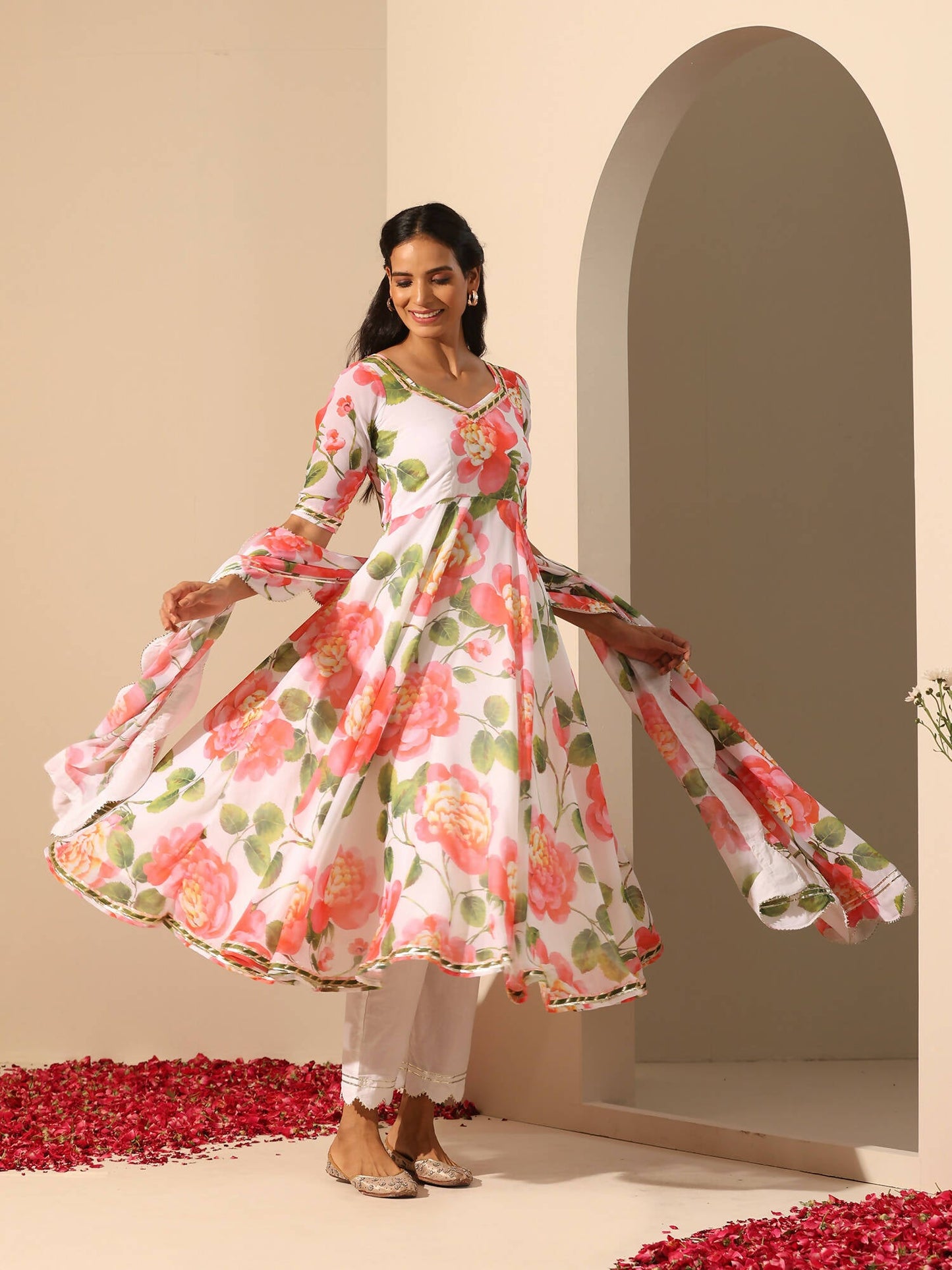 Pomcha Jaipur White Gul Noor Anarkali Set | Swadesiicart