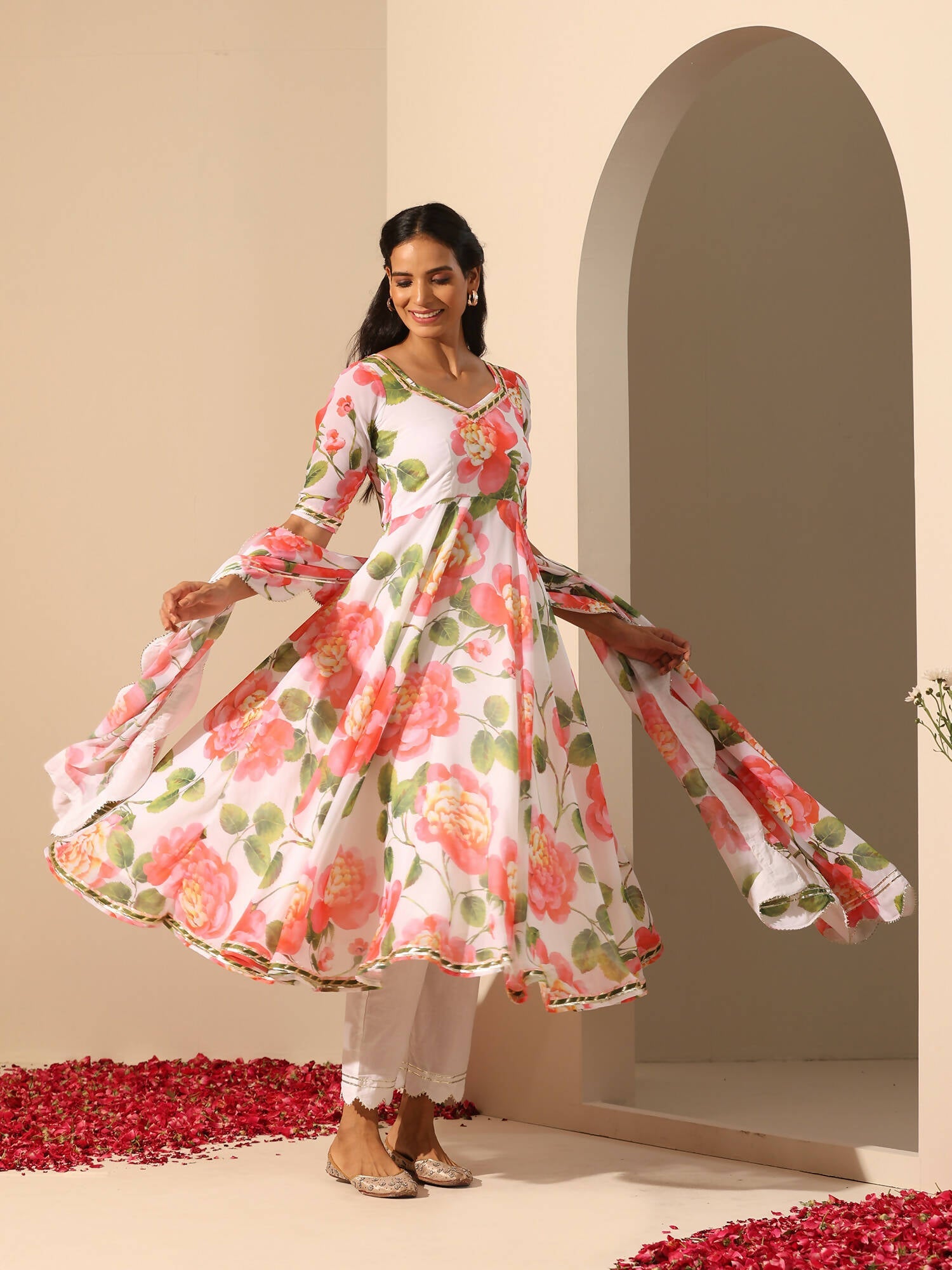 Pomcha Jaipur White Gul Noor Anarkali Set | Swadesiicart