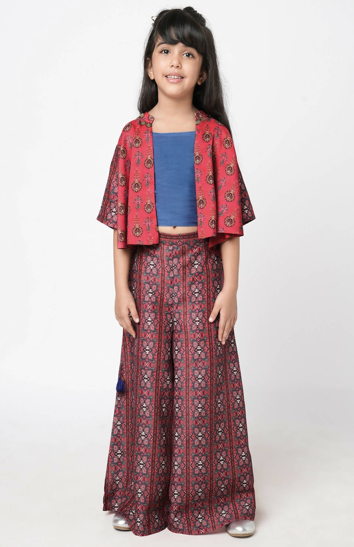 Lil Drama Ethnic Twist Girls Red Print Flared Palazzo With Top And Jacket Co-Ordinate Set - Swadesiicart