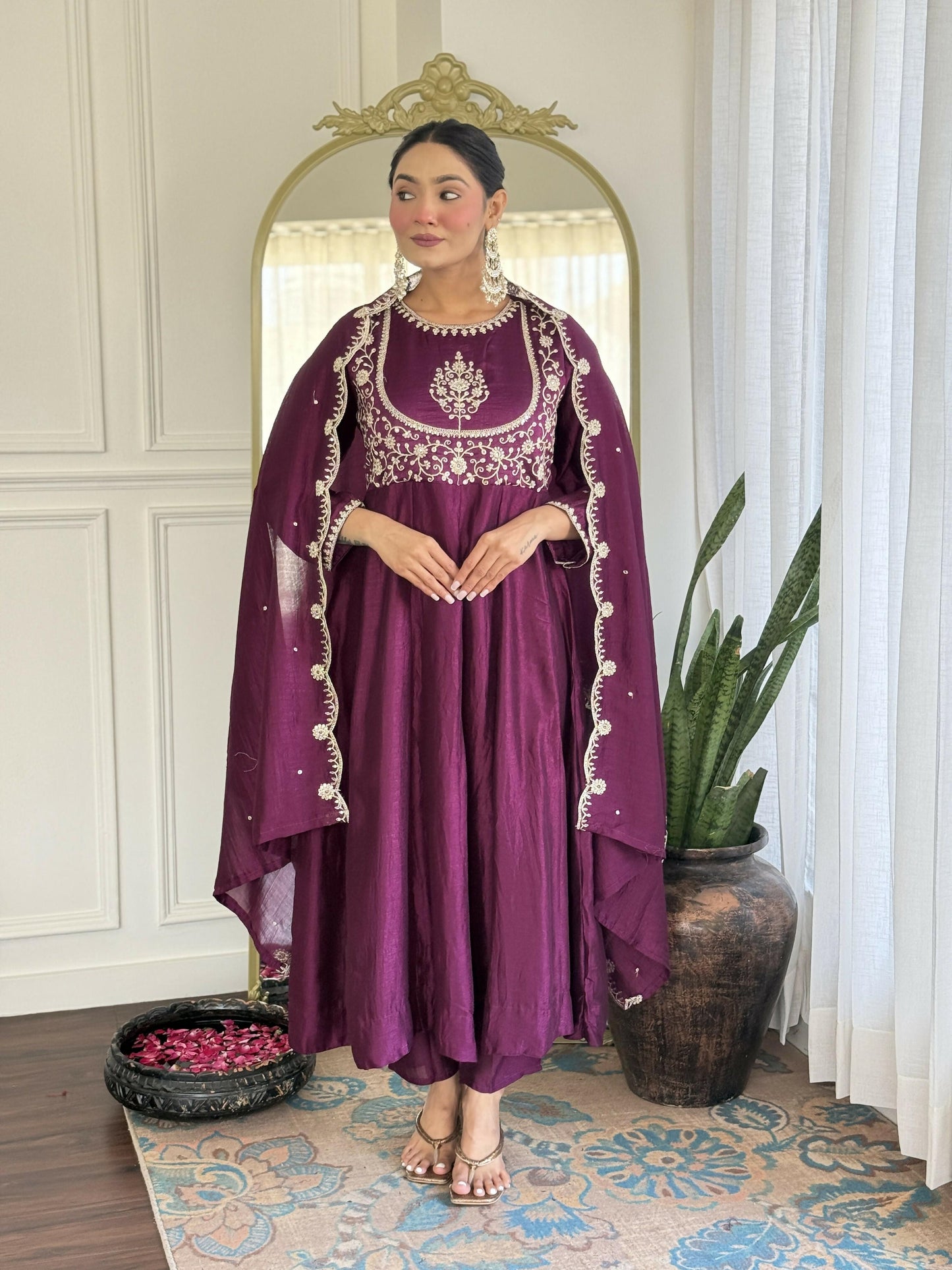 The52 Purple Women's Gorgeous Embroidered Vichitra Silk Fabric Flared Kurta Pant with Dupatta Set - Swadesiicart