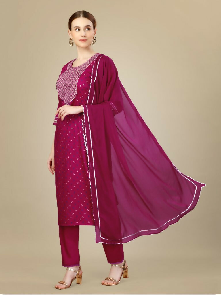 Jyoti Fashion Women's Rani Pink Silk Blend Embroidery & Sequence work Kurta with Trouser & Dupatta | Swadesiicart