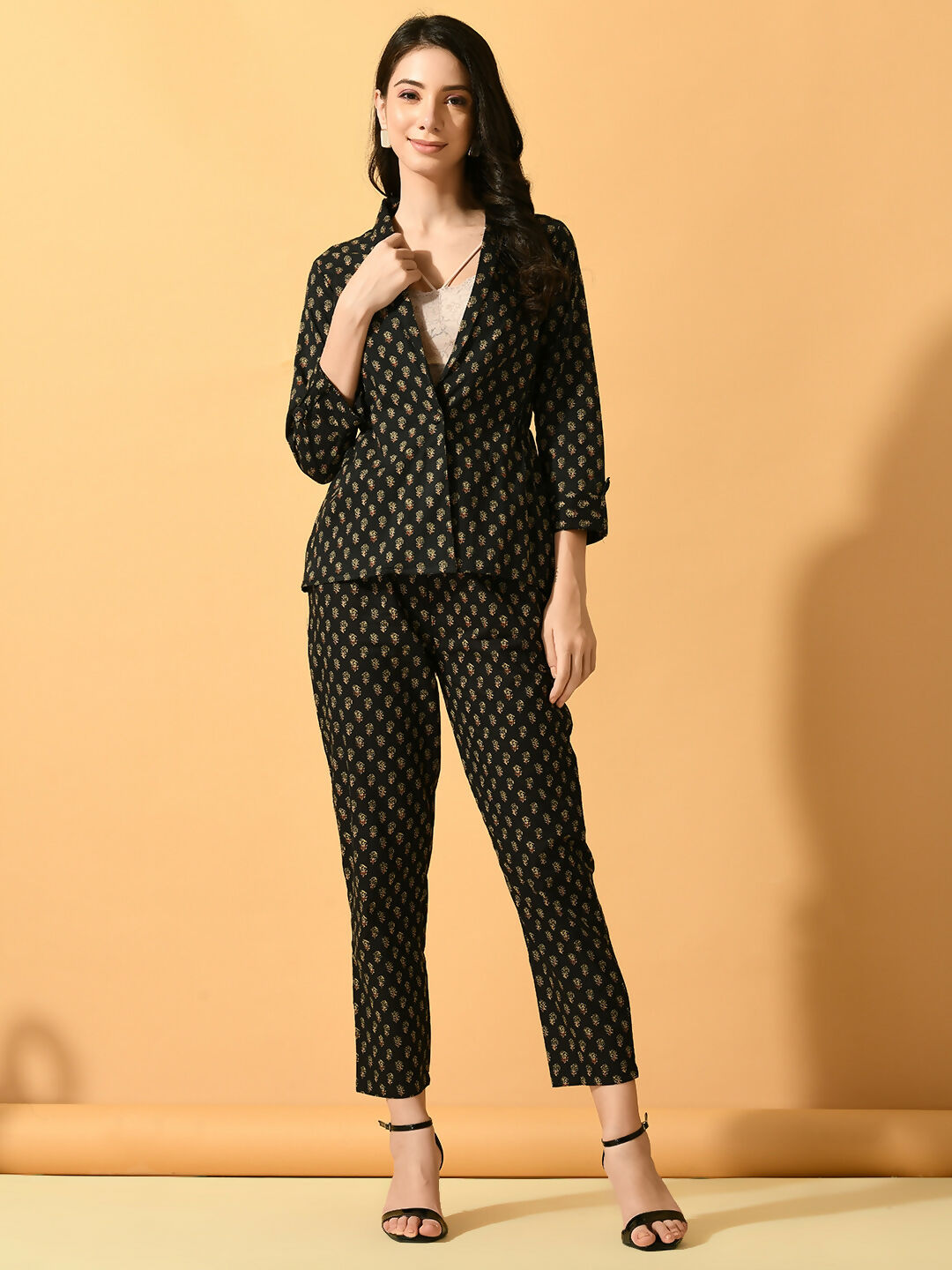 Myshka Women's Black Printed Coat With Trousers - Swadesiicart