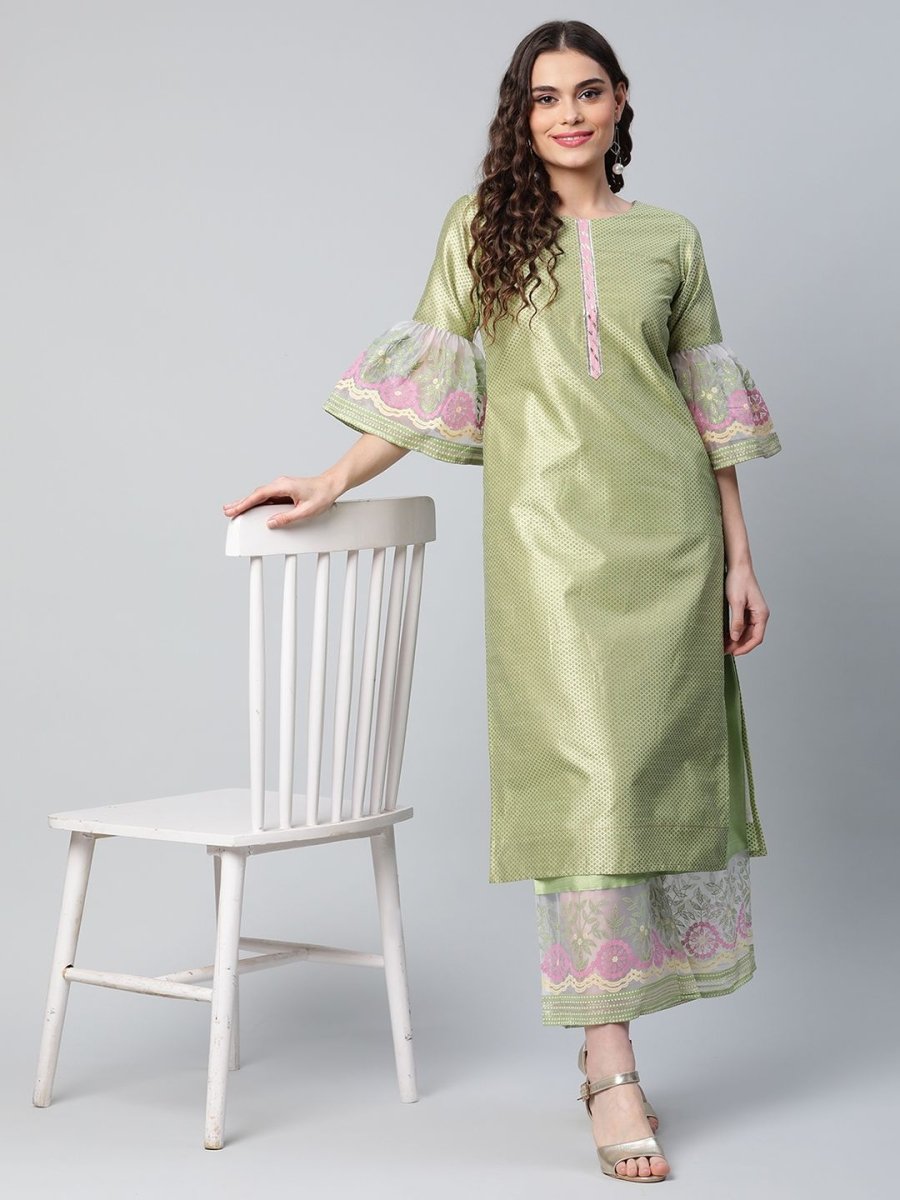 Ahalyaa Women's Light Green Poly Silk Gold Printed Kurta Palazzo Set | Swadesiicart