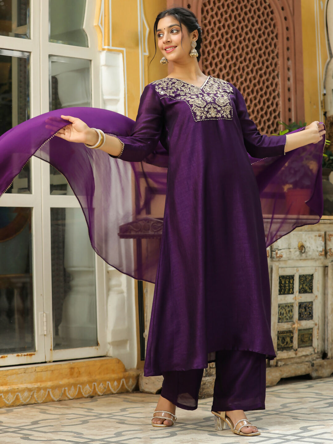 Janasya Purple Silk Blend Yoke Embroidery Kurta,Bottom & Dupatta | Swadesiicart