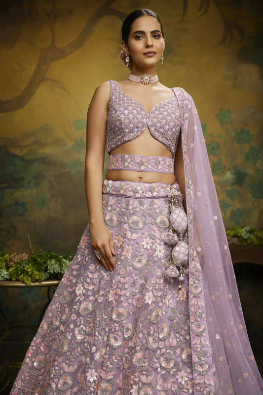 House of Panchhi Mauve Net Multi Sequins with heavy Zarkan embroidery Lehenga choli & Dupatta | Swadesiicart
