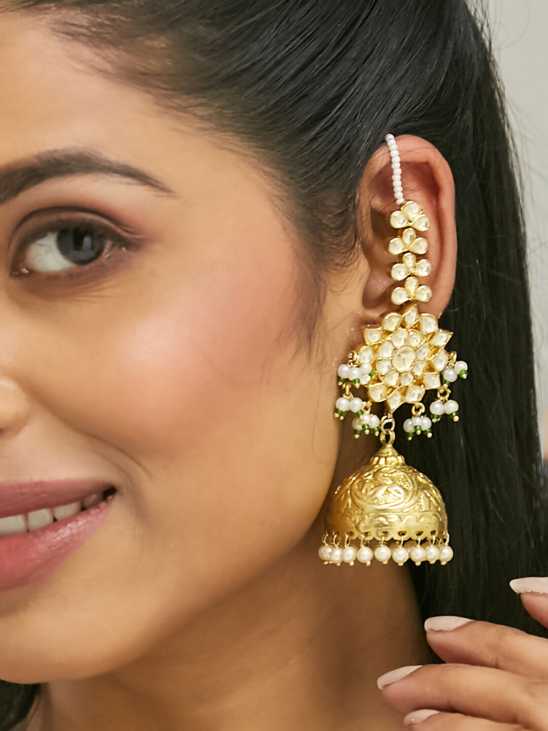 Nuyug 22K Gold-Plated Floral Jhumki Kundan Studded Kanauti Earrings | Swadesiicart