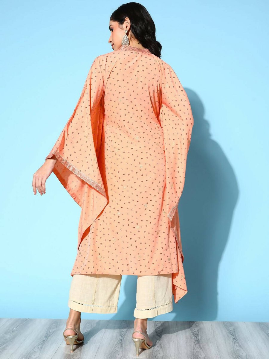 Ahalyaa Women's Peach Crepe Printed Kaftan Kurta | Swadesiicart