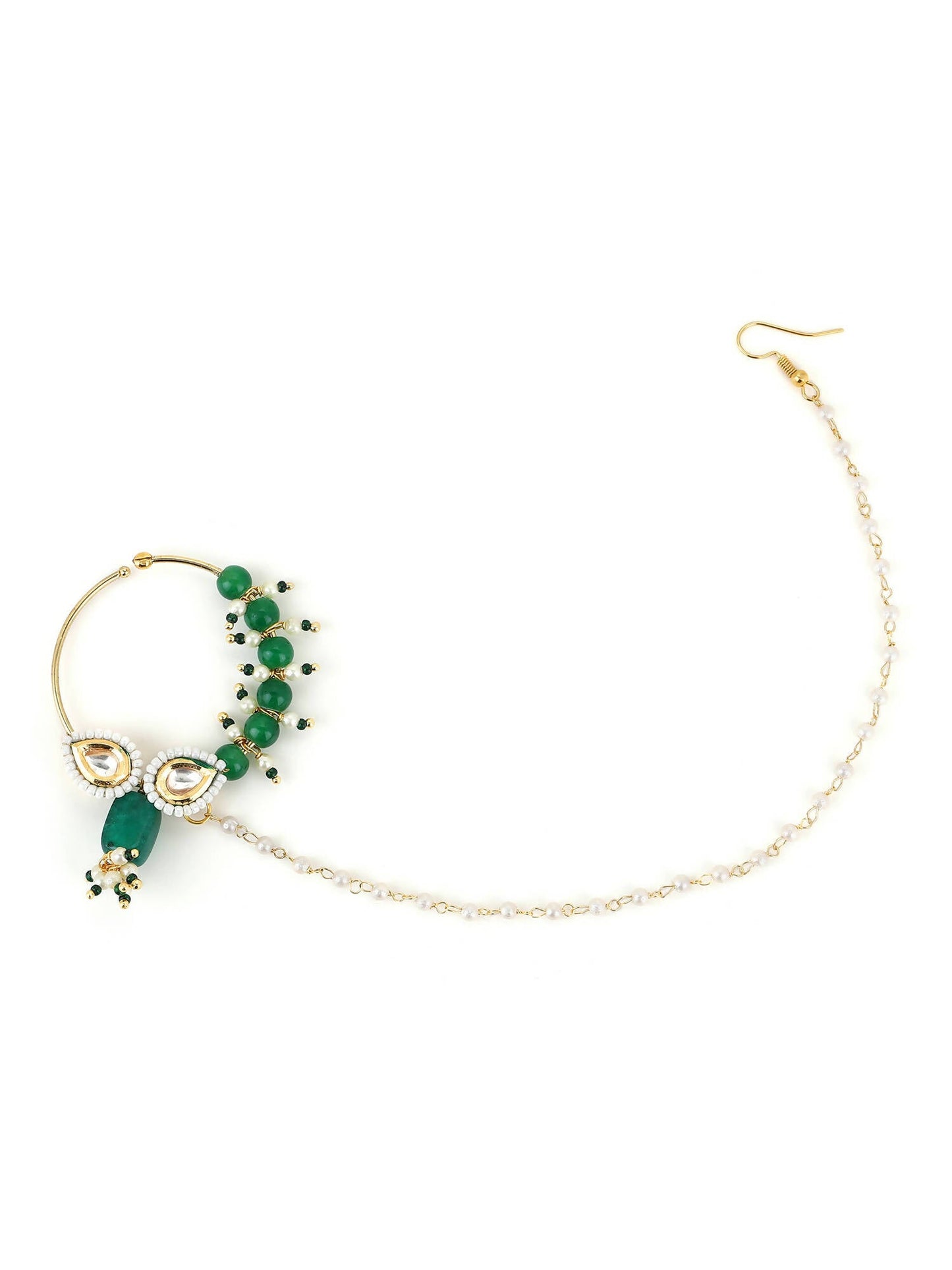 Gold-Polished White Green Kundan Studded Beaded Chain Nose Pin - Ruby Raang | Swadesiicart