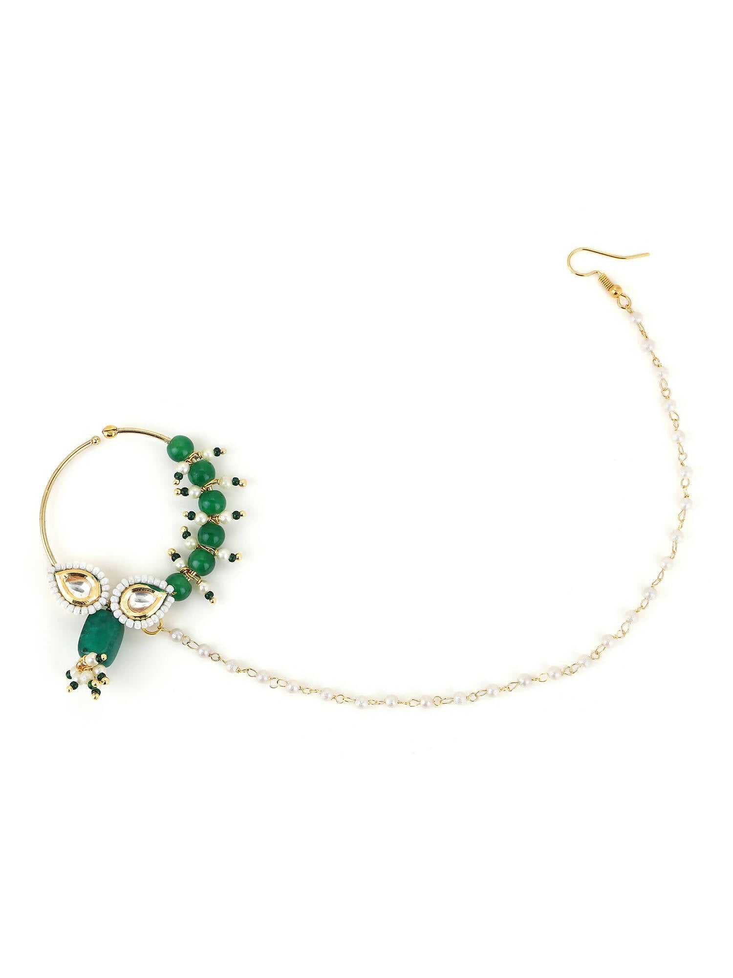 Gold-Polished White Green Kundan Studded Beaded Chain Nose Pin - Ruby Raang | Swadesiicart