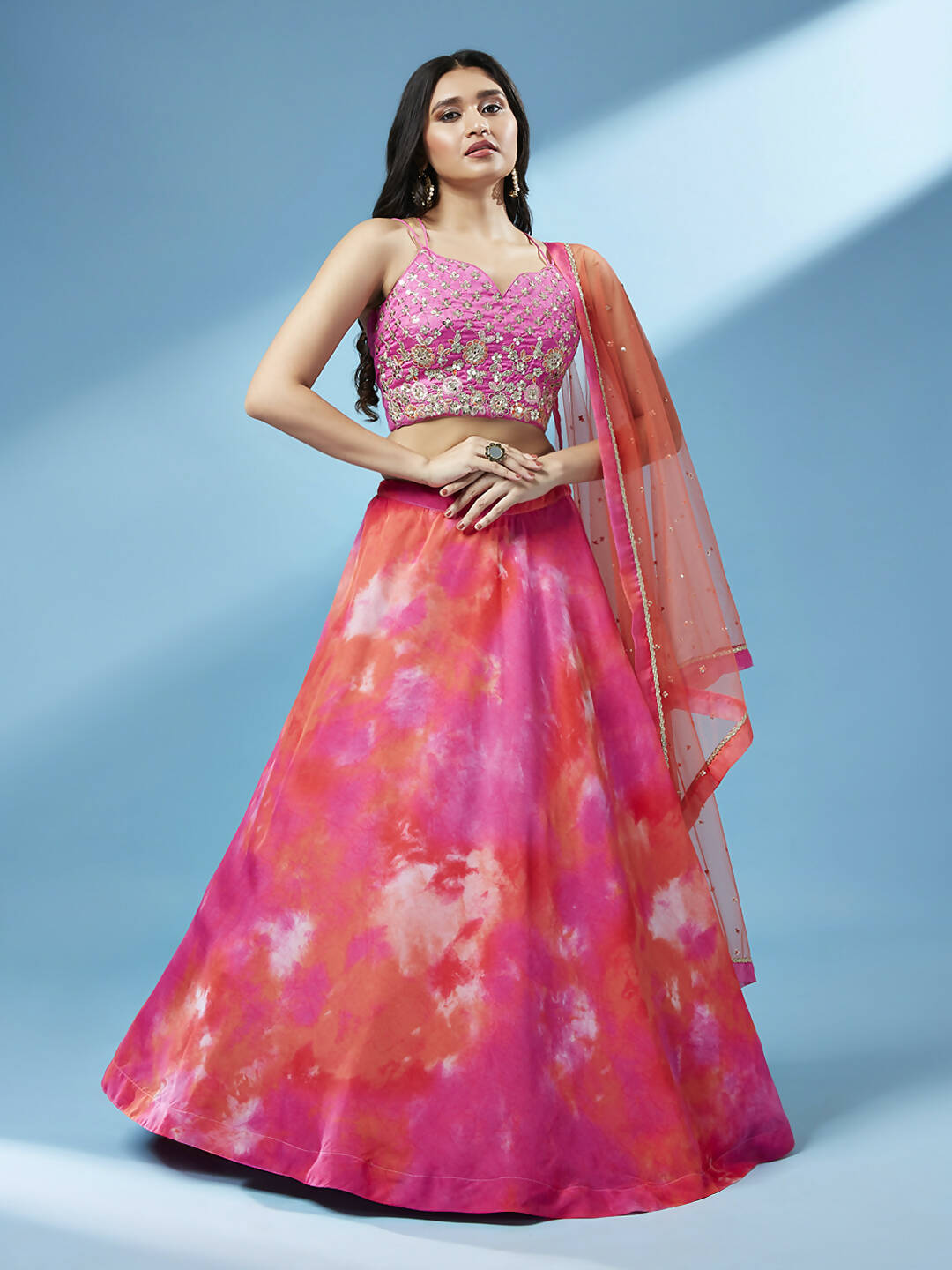 House of Panchhi Orange Organza Shibori Printed Lehenga choli & Dupatta | Swadesiicart
