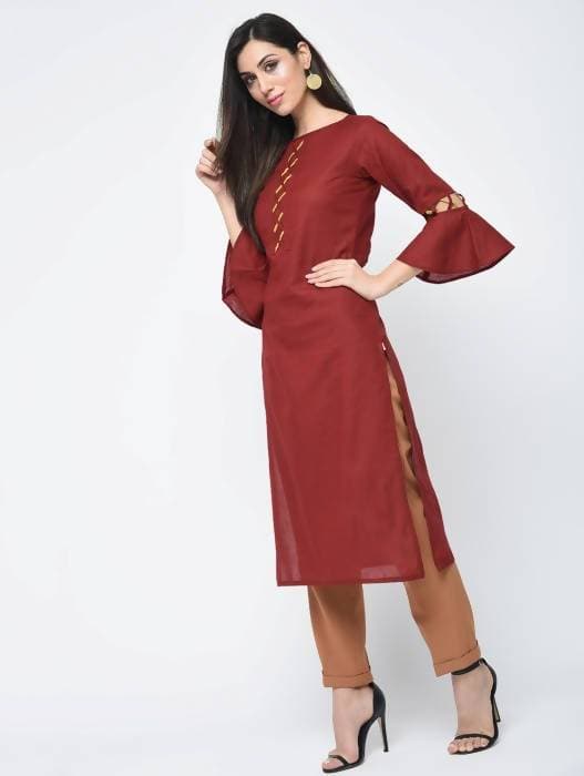 Aniyah Cotton Criss Cross Bell Sleeves Straight Kurta In Maroon (AN-101B) - Swadesiicart