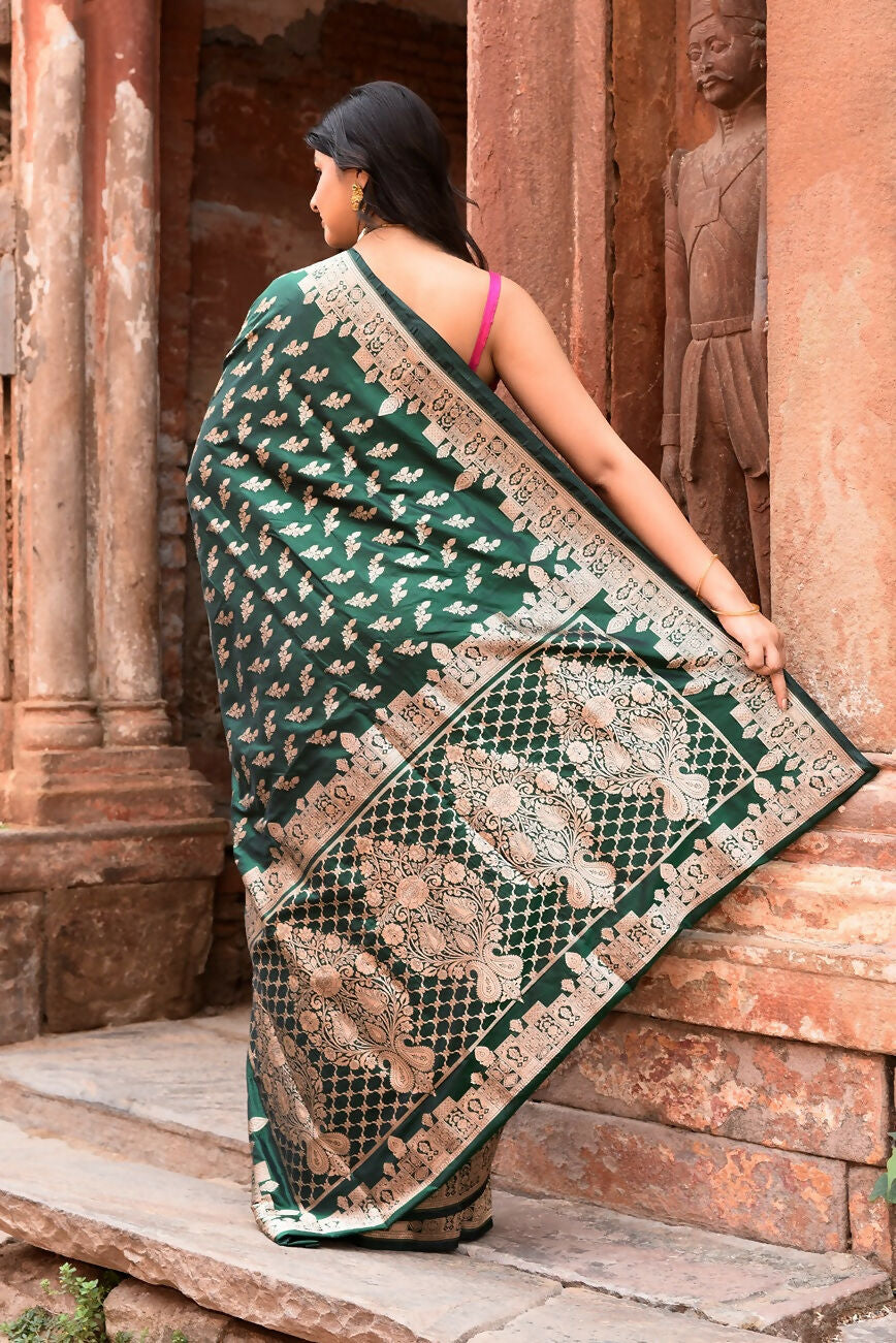 Joban Fashion Emerald Green Banarasi Katan Pure Handloom Banarasi Silk Saree | Swadesiicart