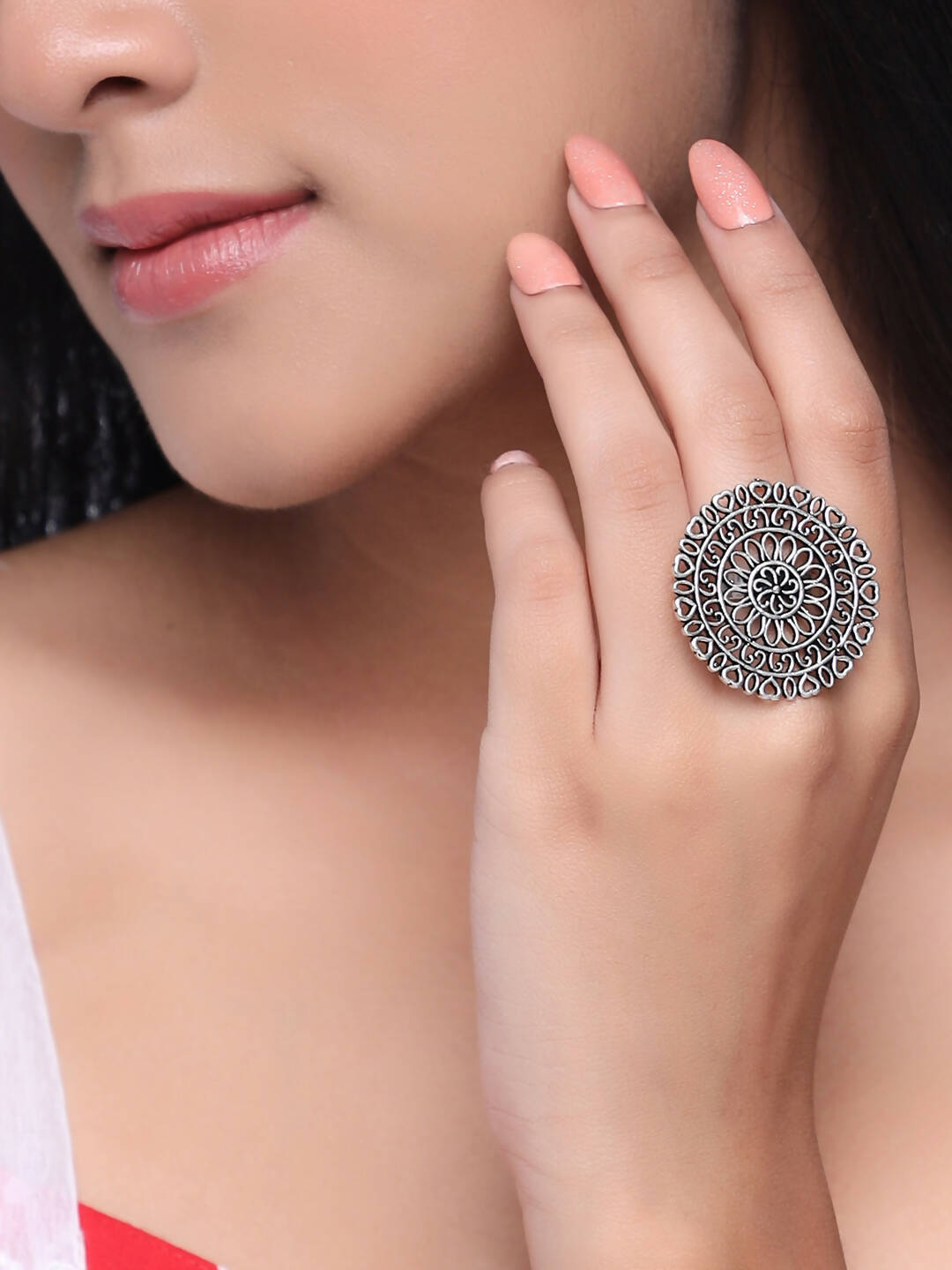 NVR Women Oxidised Silver-Plated Adjustable Finger Ring | Swadesiicart