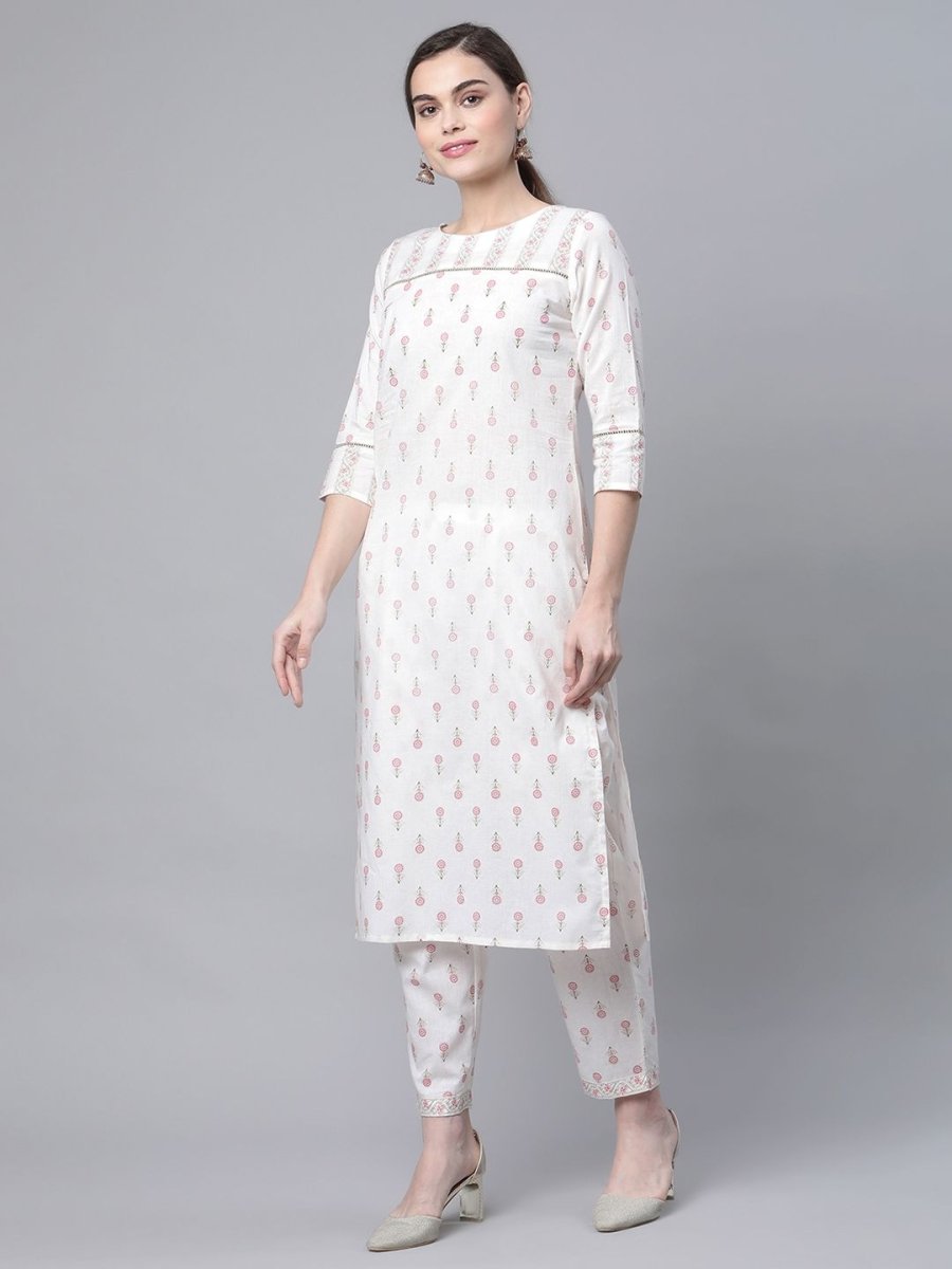 Ahalyaa Women White Pure Cotton Printed Kurta Pant Set | Swadesiicart