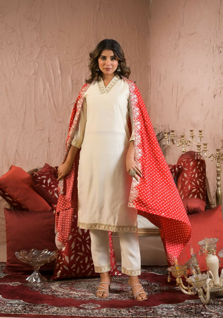 Ethnic Festive Wear Reyon Slub Off White Stitched Suit With Dupatta - Tanisha | Swadesiicart