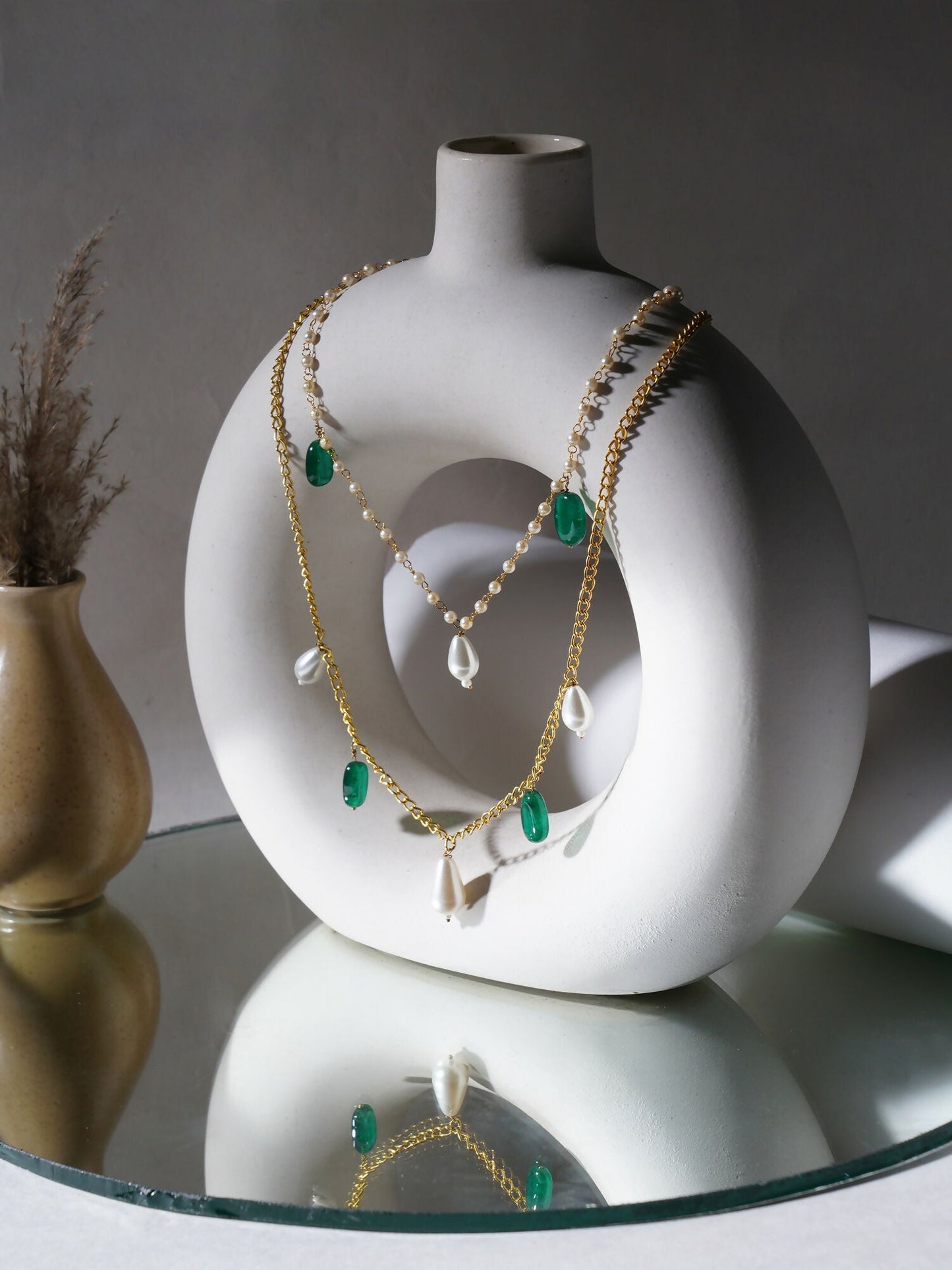 Layered Pearl and Gold Neckpiece with Emeralds (Gold) - Ruby Raang | Swadesiicart
