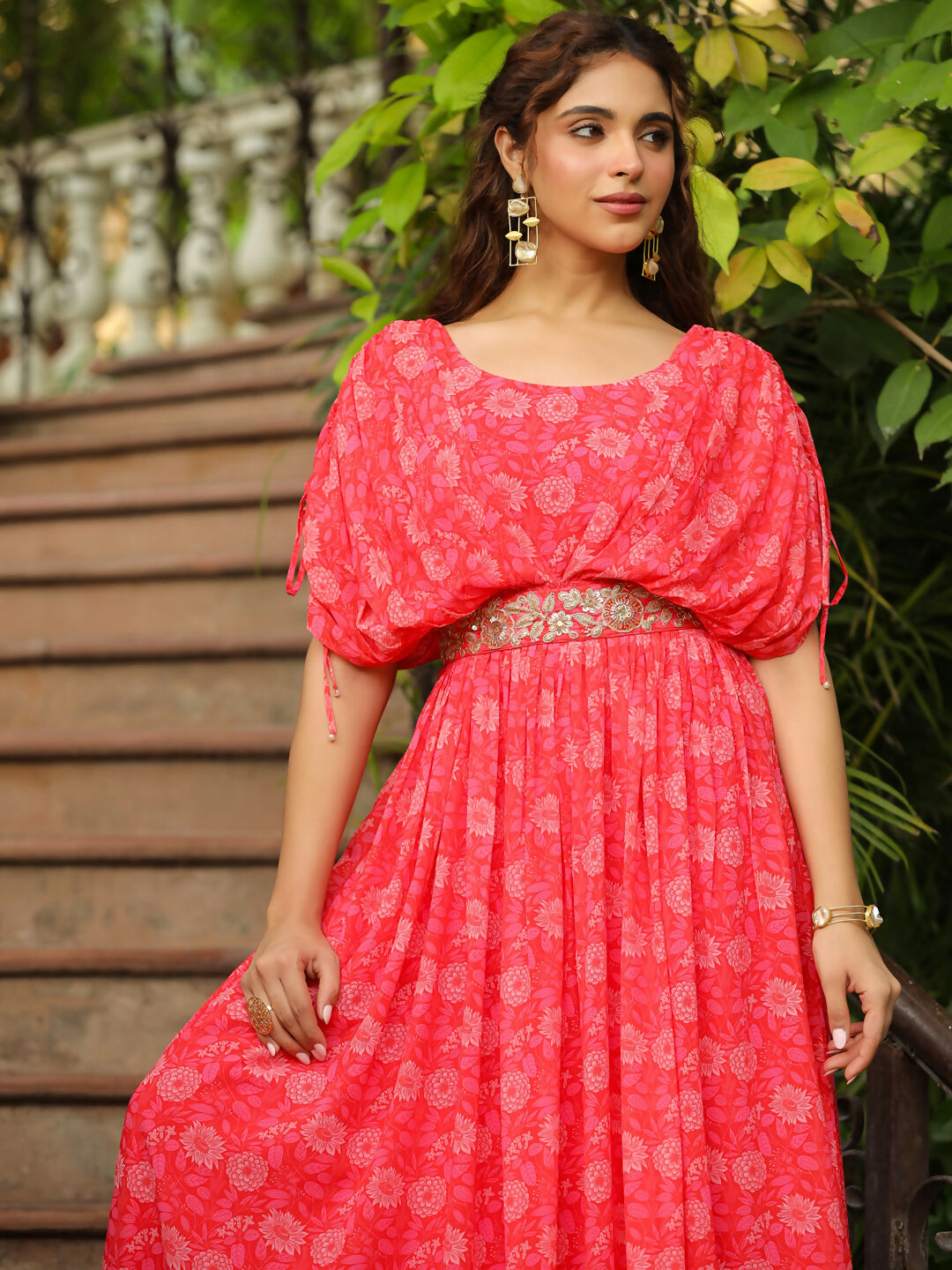 Janasya Pink Georgette Floral Gown | Swadesiicart