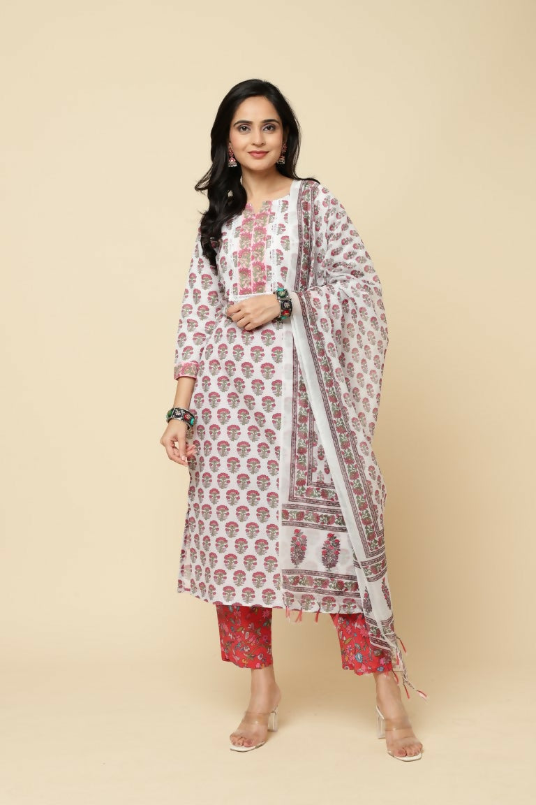 Designer Stylish Red Cotton Blend Stitched Suit With Dupatta - Tanisha | Swadesiicart