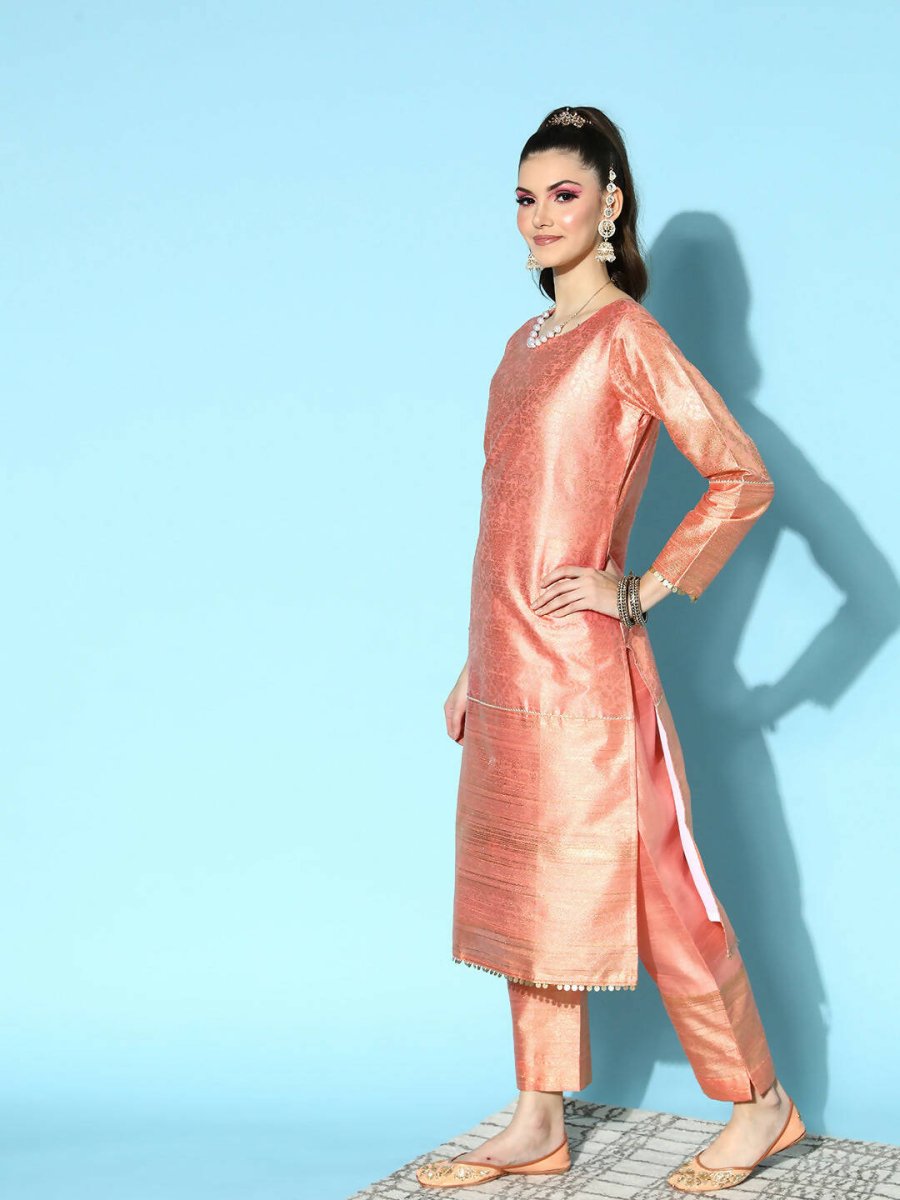 Ahalyaa Women's Peach Colour Poly Silk Printed Kurta Pant Set With Dupatta | Swadesiicart
