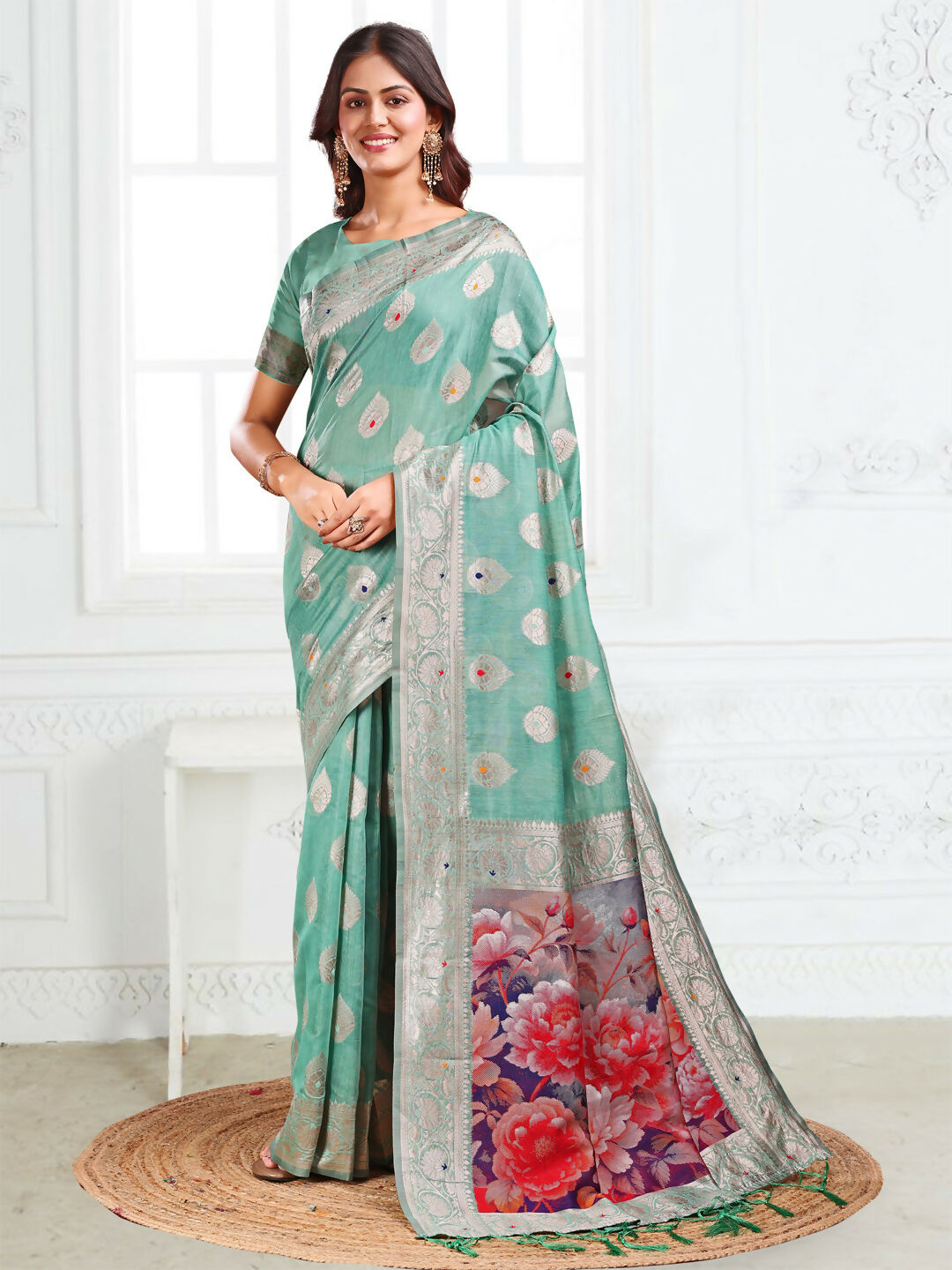 Shree Shyam Fashion Linen Cotton Rama Green Saree
