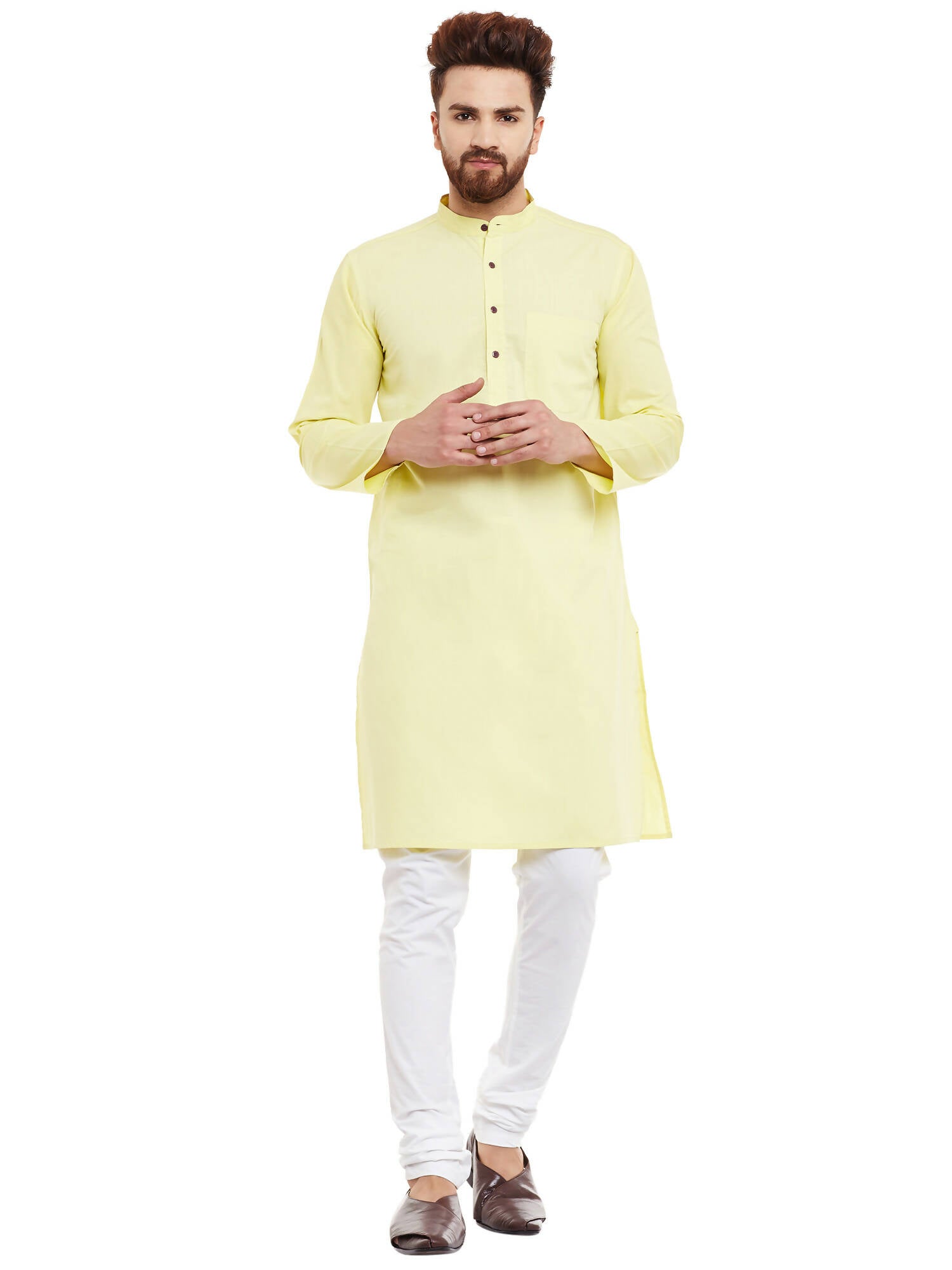 Even Apparels Yellow Pure Cotton Men's Kurta With Band Collar | Swadesiicart