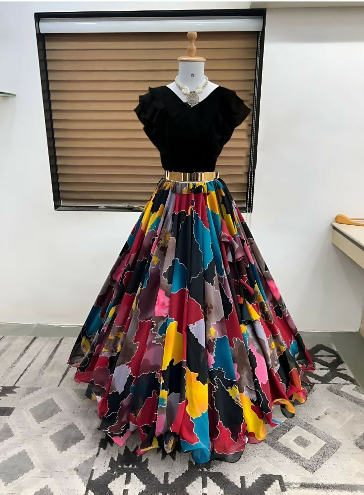 Dishitha Creation Printed Stitched Lehenga & Crop Top - Black & Black | Swadesiicart