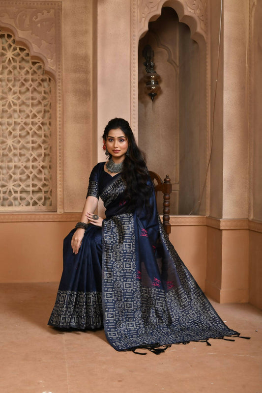 Vishnu Weaves Women's Navy Blue Handloom Raw Silk Woven Border Saree with Unstitched Blouse - Swadesiicart