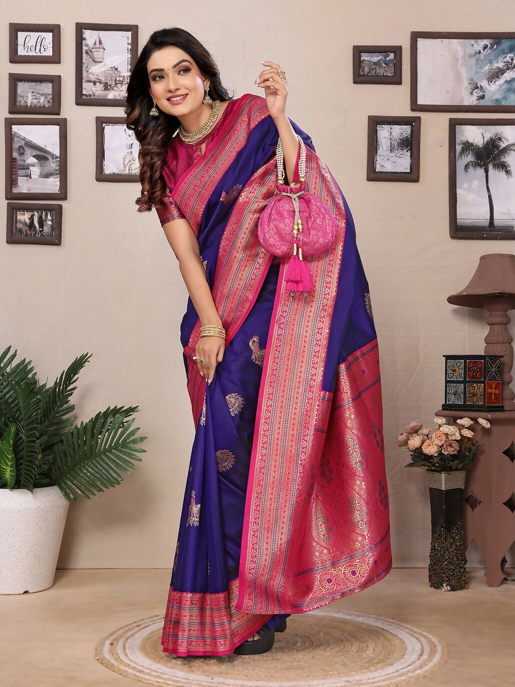 Joban Fashion Banarasi Purple Small Butti Soft Silk Saree | Swadesiicart