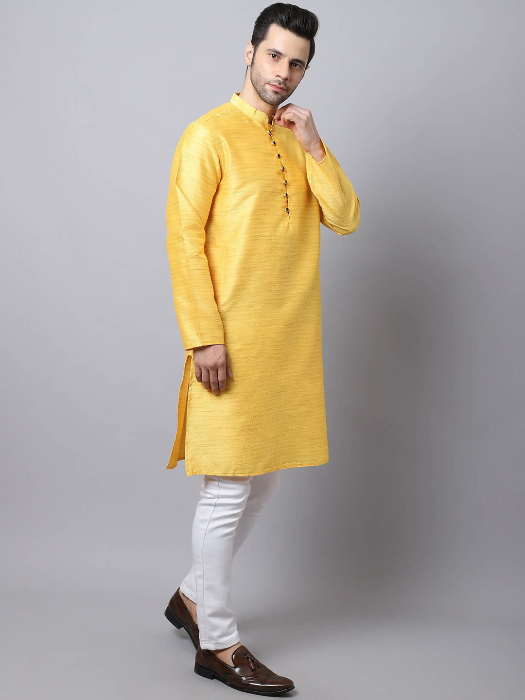 Even Apparels Yellow Pure Cotton Men's Kurta With Band Collar (SLK1187) | Swadesiicart