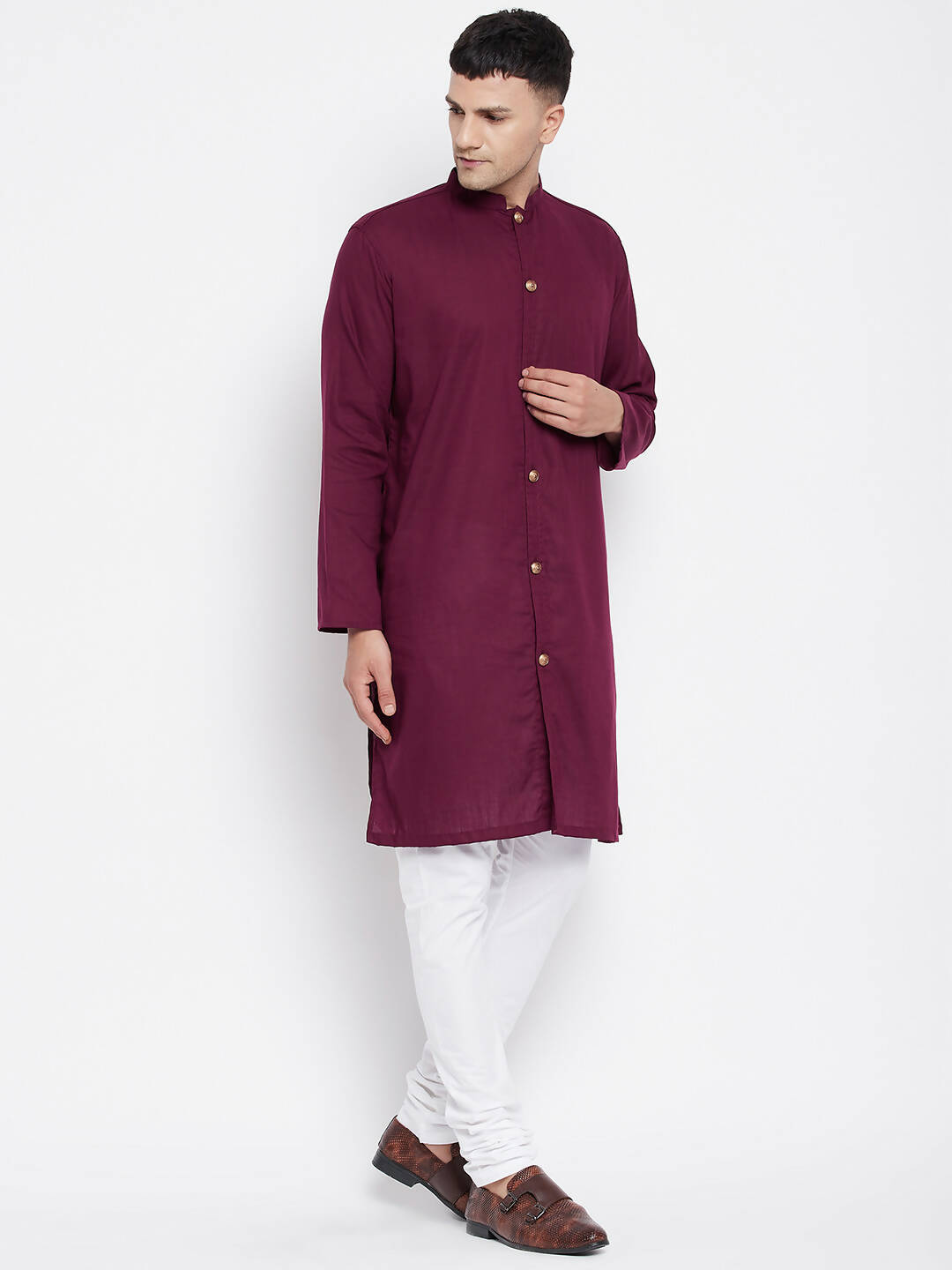 Even Apparels Maroon Pure Cotton Men's Sherwani Kurta With Open Front | Swadesiicart