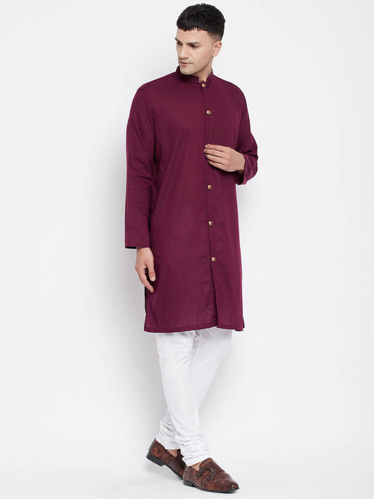 Even Apparels Maroon Pure Cotton Men's Sherwani Kurta With Open Front | Swadesiicart