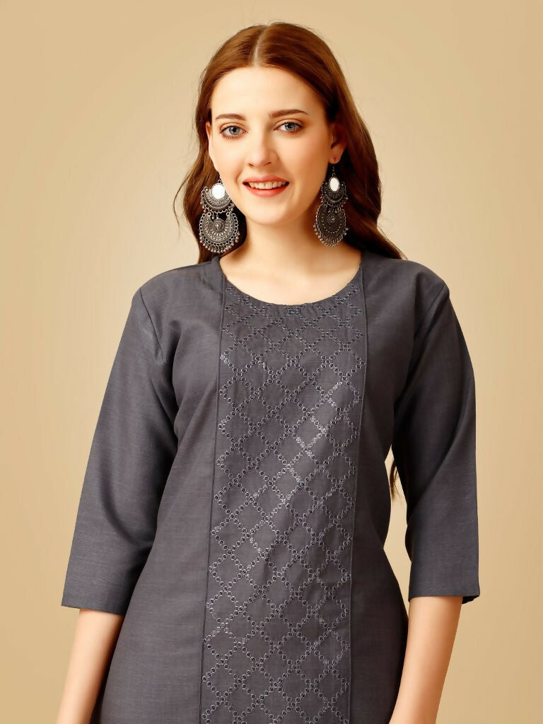 Jyoti Fashion Women's Grey Cotton Blend Embroidered Kurta Pant Set | Swadesiicart