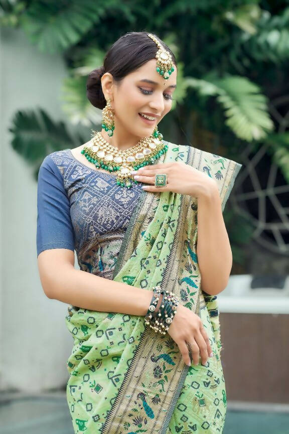 Vishnu Weaves Women's Pista Paithani Patola Silk Zari Woven Saree with Unstitched Blouse - Swadesiicart