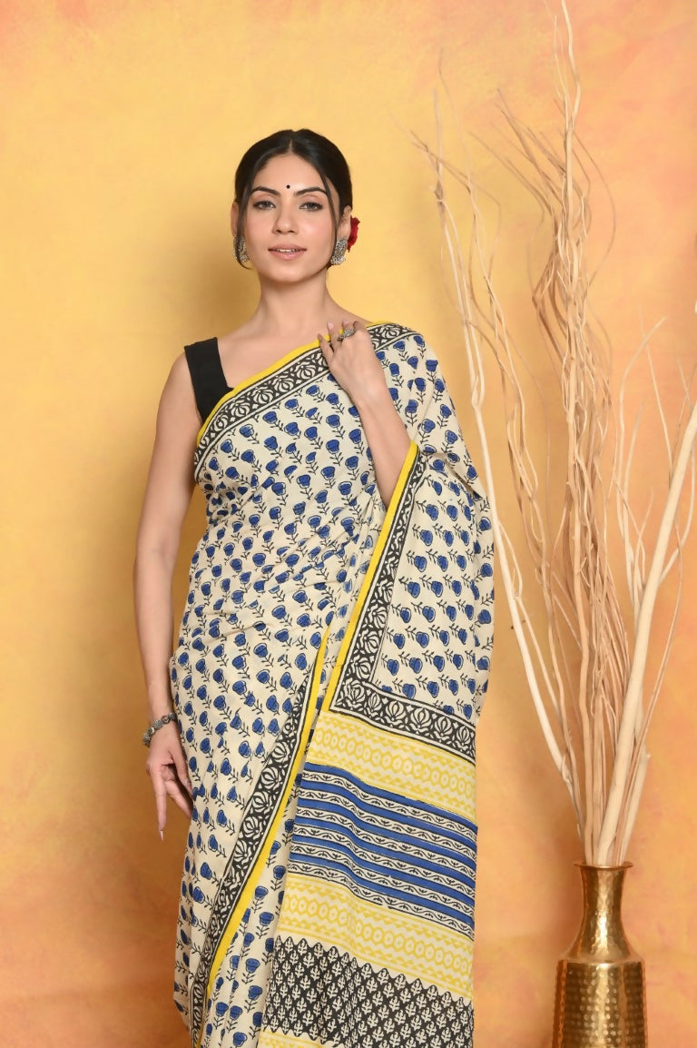 Very Much Indian Handblock Printed Cotton Saree With Natural Dyes - White | Swadesiicart
