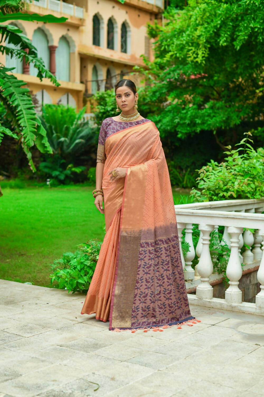 Vishnu Weaves Women's Orange Linen Cotton Bandhani Woven Saree with Blouse - Swadesiicart