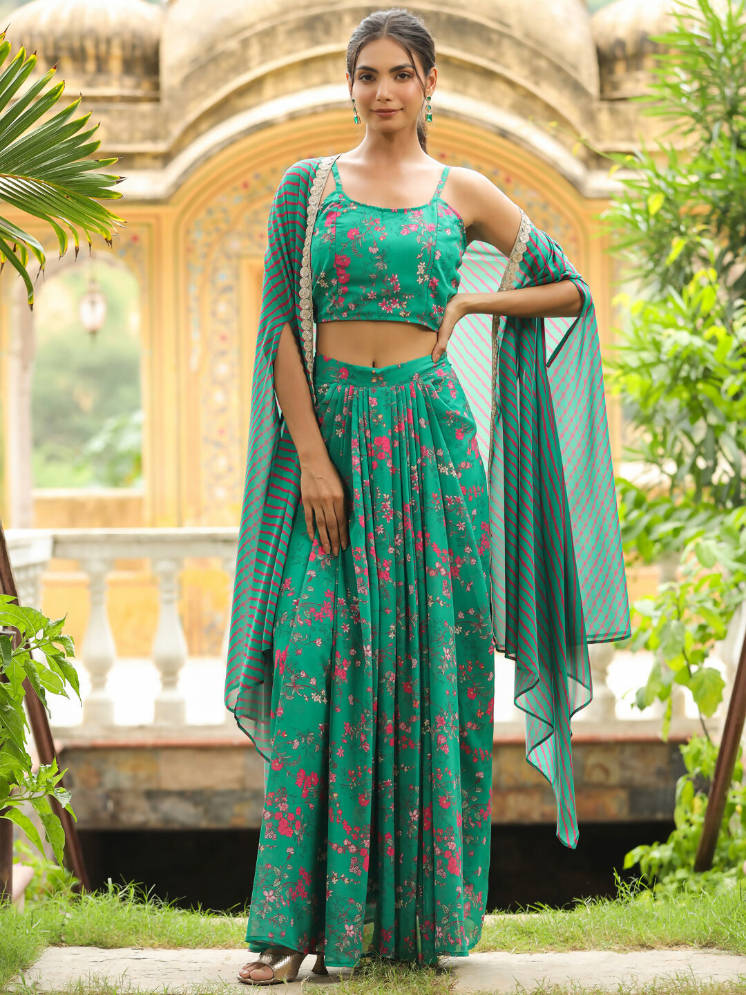 Janasya Green Georgette Floral Top Bottom Cape | Swadesiicart