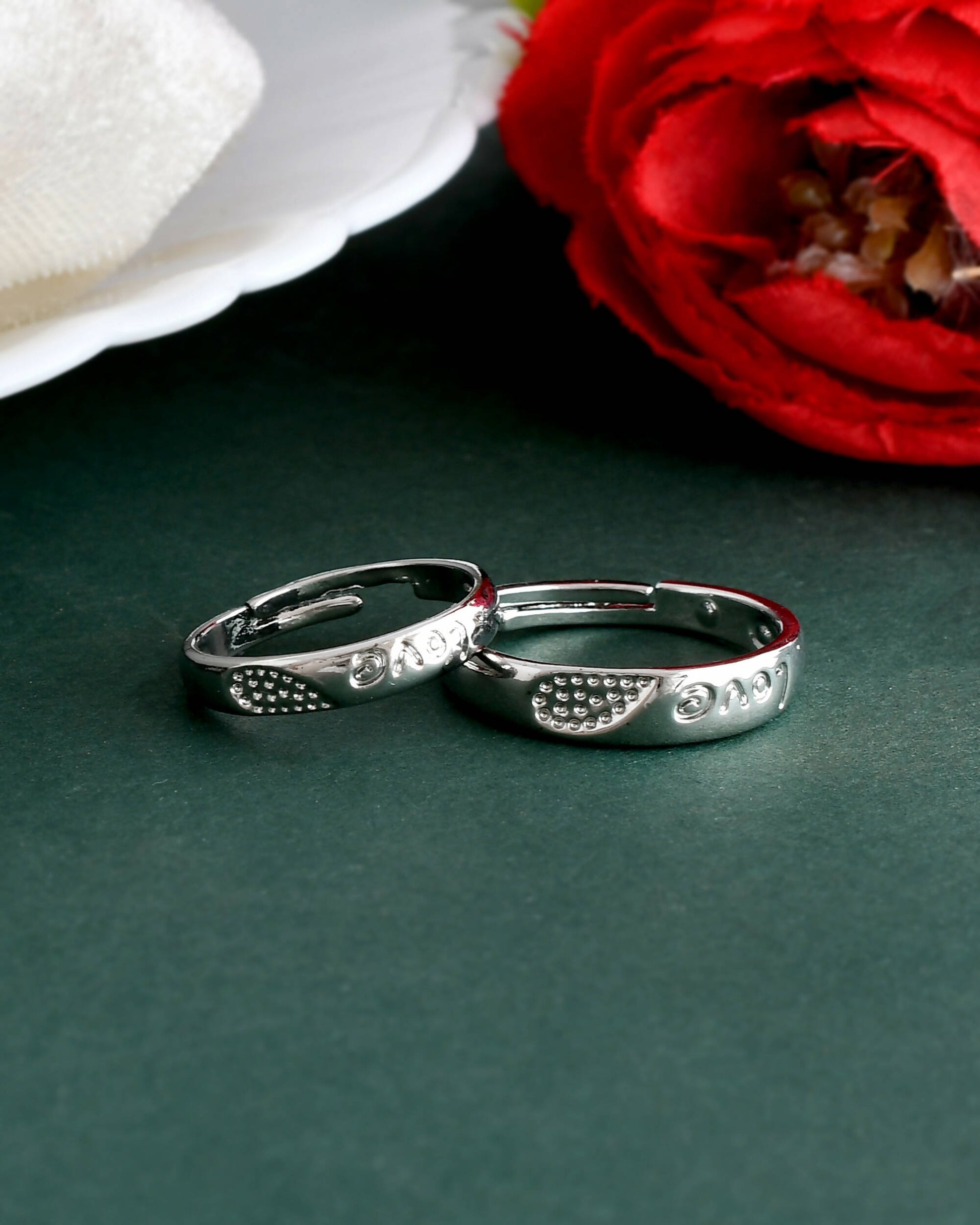 VOJ Stainless Steel Cubic Zirconia Silver Plated Adjustable Ring Set for Couple | Swadesiicart