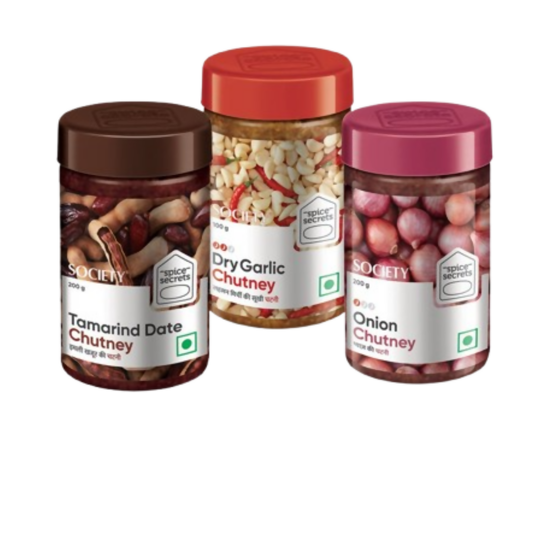 Society Onion Chutney & Dry Garlic Chutney & Tamarind Date Chutney Combo | Swadesiicart